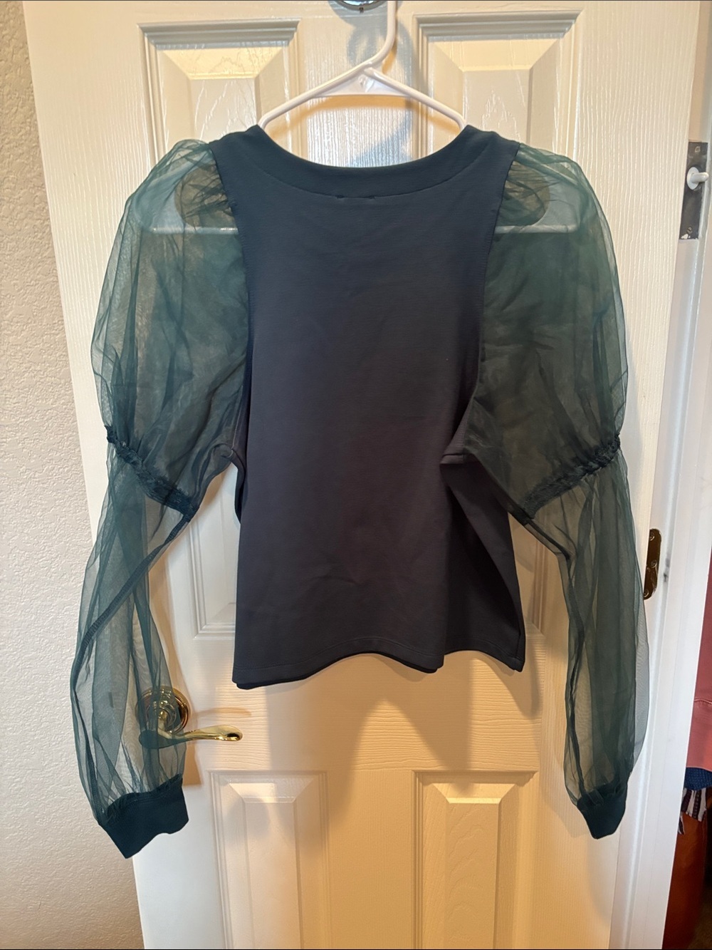 Anthropologie Maeve Teal Mixed-Media Knit Top Sheer Organza Puff Sleeve sz S - Picture 5 of 5